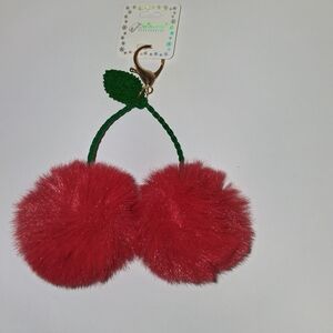 Vibrant Red Cherry Pom Pom Keychain